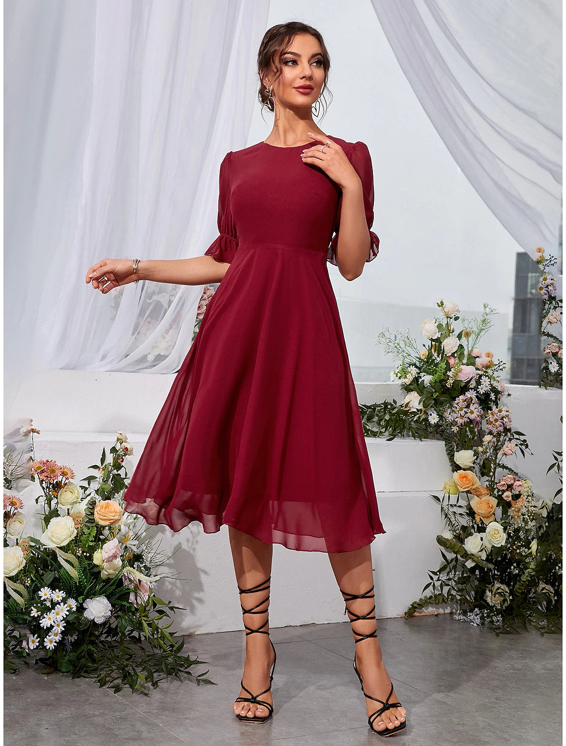 A-Linie Hochzeitsgastkleider Elegantes Kleid Urlaub Teelänge Halbarm Juwelausschnitt Chiffon mit Fransen